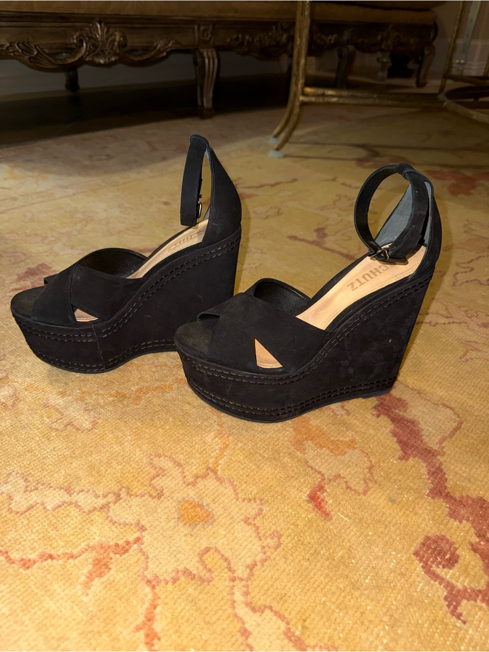 SCHUTZ Black Suede Platform Wedge Sandals with Ankle Strap